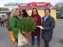 v.r.: Landessanitätsdirektorin Heidelinde Neumann, Sabine Stadler, Avos, mit interessierter Passantin